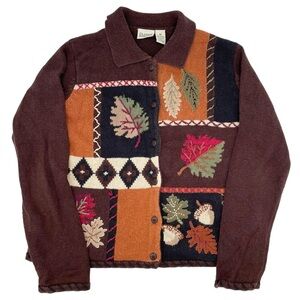 Vintage 90s Y2K Classic Elements Autumn Patchwork Cardigan Sweater Size Medium